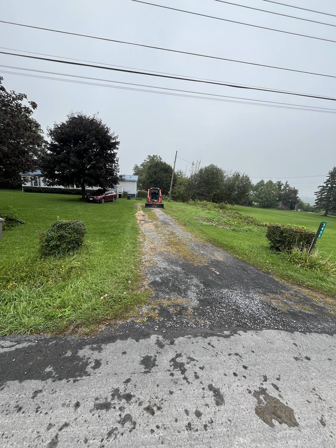 Old broken-up driveway overgrown with grass